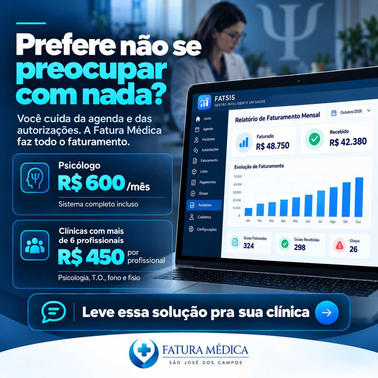 Opções de faturamento terceirizado para psicólogo e clínicas, com sistema incluso